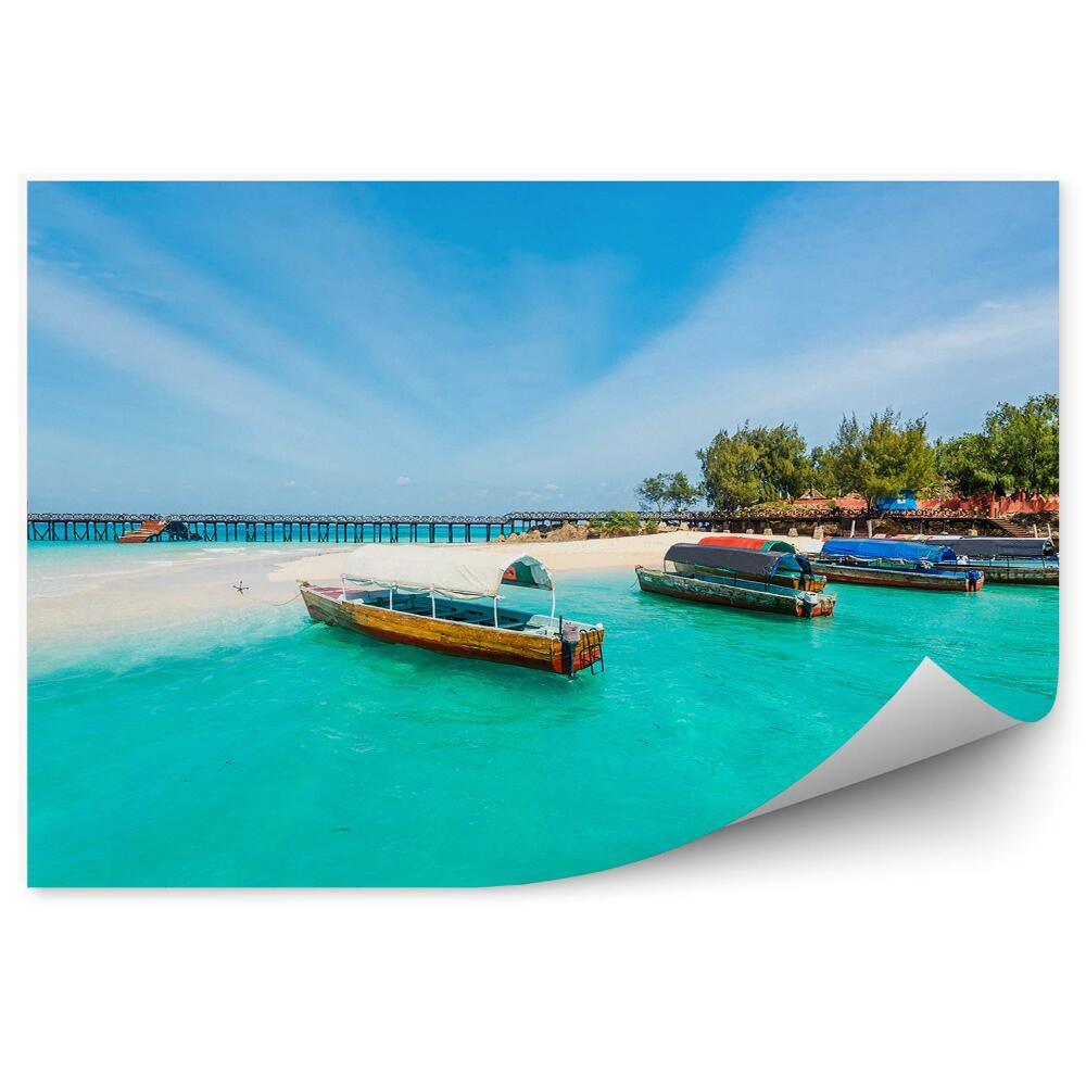 Papier peint Bateaux Pont Arbres Plage Océan Mer Ciel Nuages Zanzibar