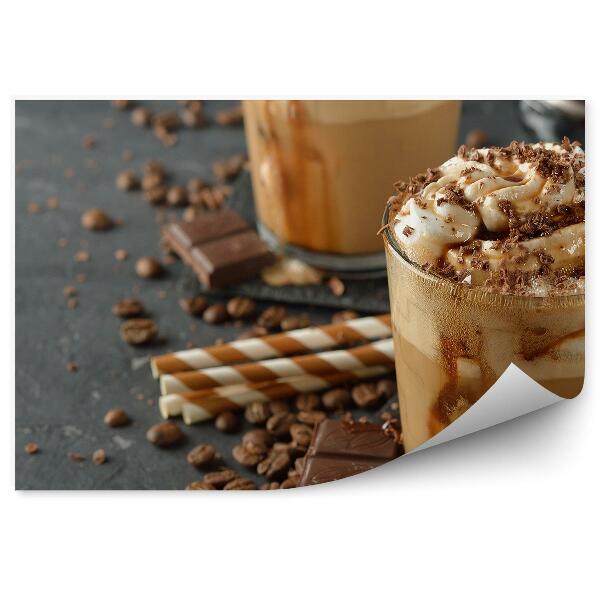 Papier peint panoramique Café frappé crème grains de café pailles chocolat