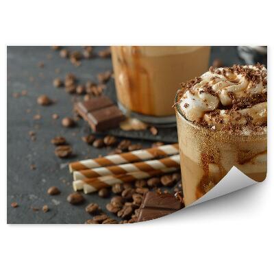 Papier peint panoramique Café frappé crème grains de café pailles chocolat