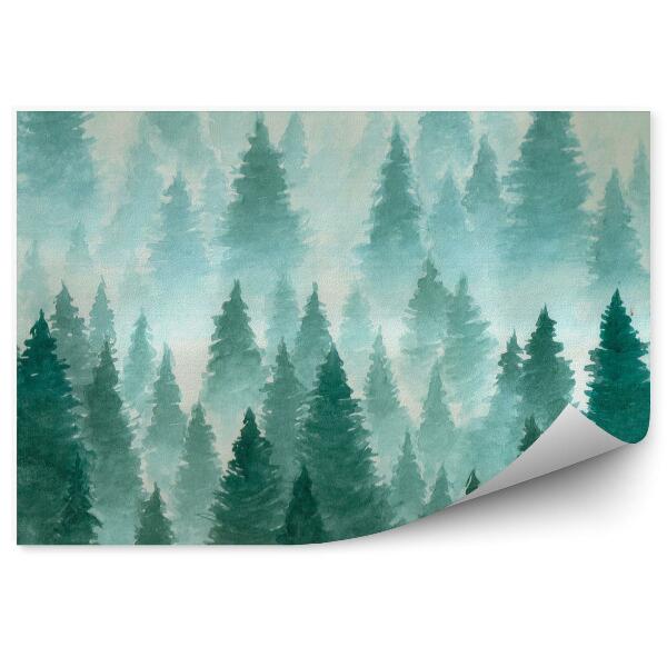 Papier peint Illustration à l'aquarelle dessinée à la main, paysage mystique, forêt de conifères