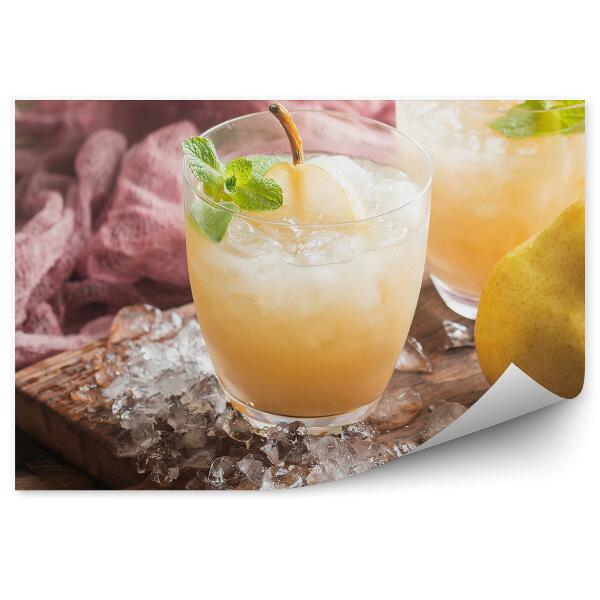 Tapisserie panoramique Poire fruitée menthe planche en bois boisson glacée