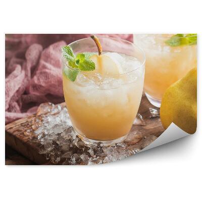 Tapisserie panoramique Poire fruitée menthe planche en bois boisson glacée