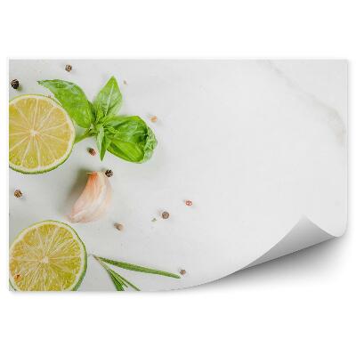 Papier peint Herbes au citron et à l'ail sur un comptoir en marbre