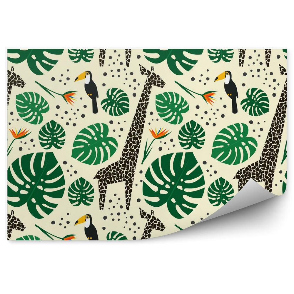 Tapisserie panoramique Girafes, toucans et palmiers sur fond blanc