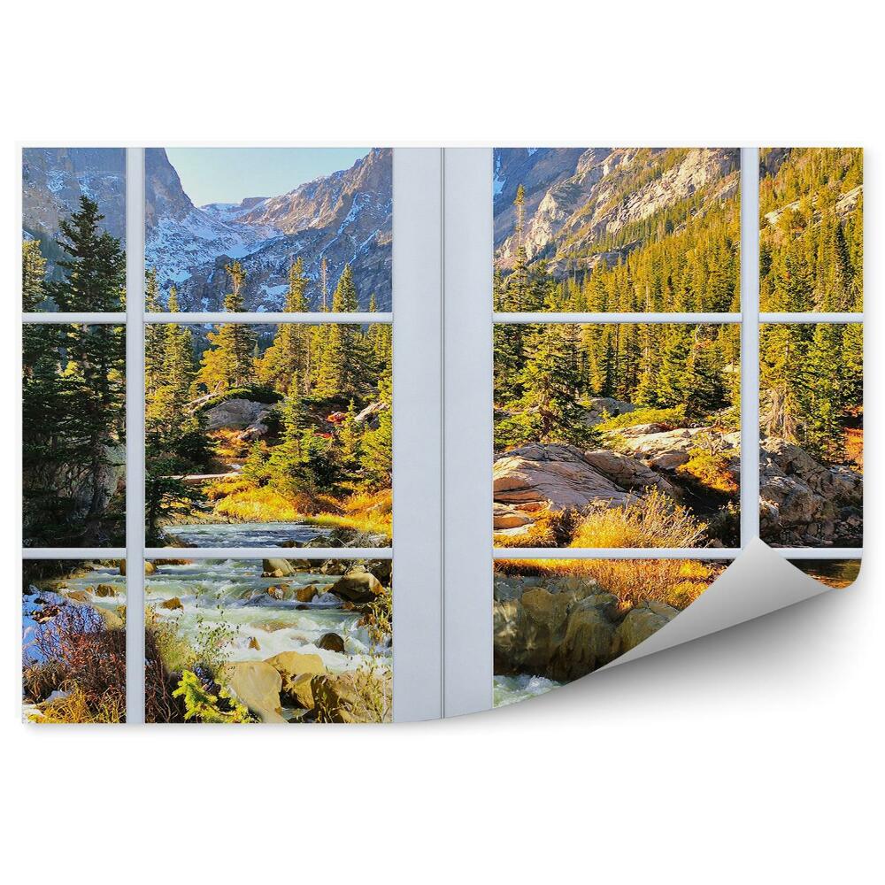 Papier peint Montagnes, forêt, arbres de Noël, ruisseau vert, vue de la fenêtre