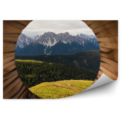 Papier peint Fenêtre en bois avec vue sur les montagnes, la nature et la verdure