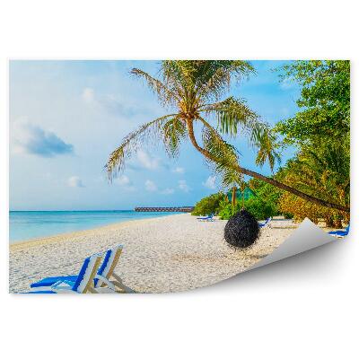 Papier peint Chaises longues de plage Palmiers d'été Eau bleue