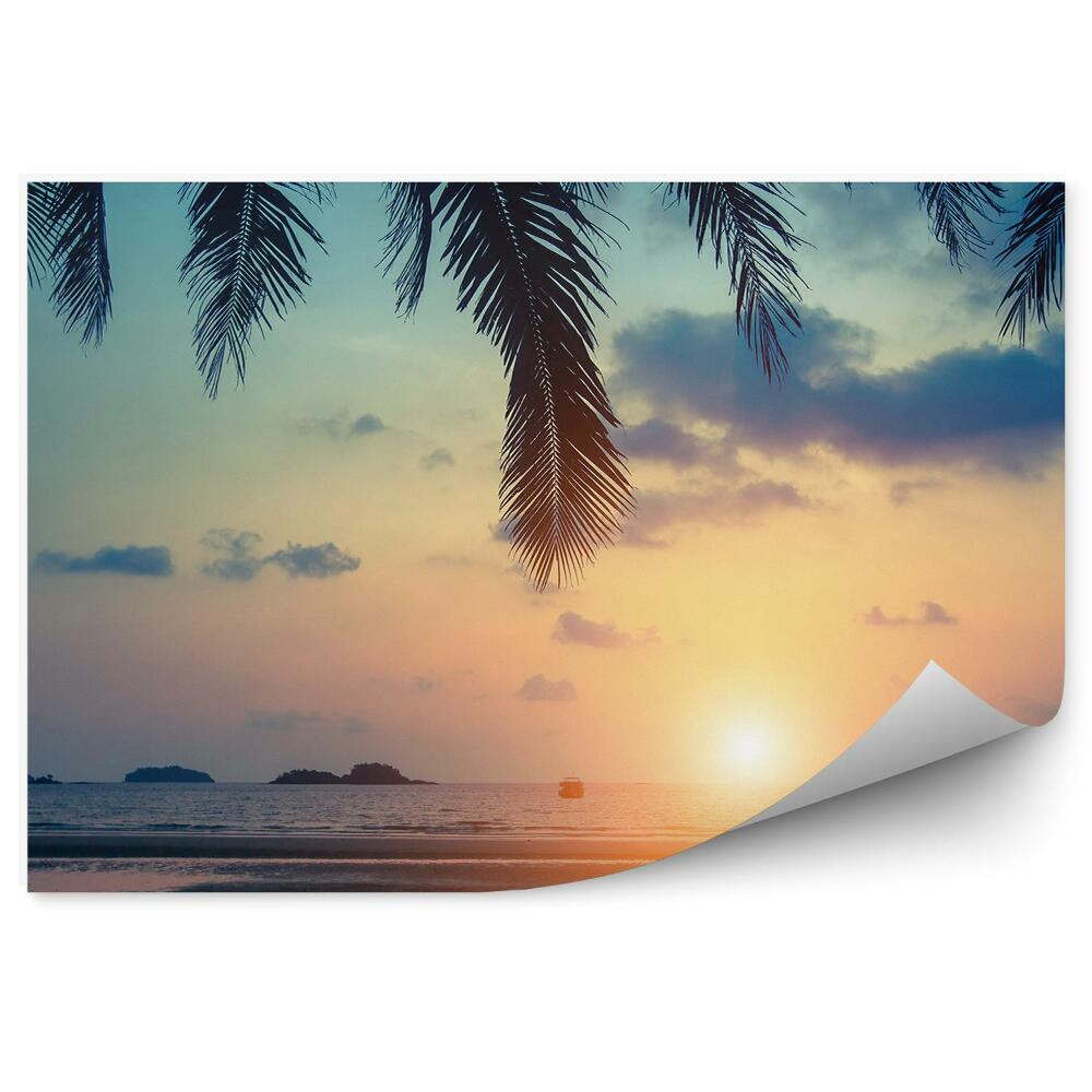 Papier peint Plage Tropicale, Bateaux De Mer, Palmiers, Rochers, Ciel Nuageux