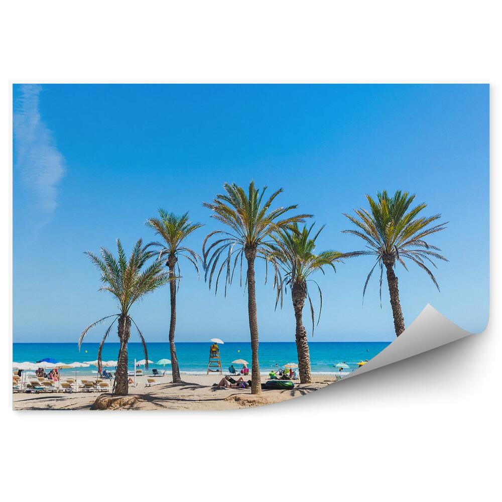 Papier peint Passerelle Palmiers Personnes Chaises Longues Parasols Océan Ciel