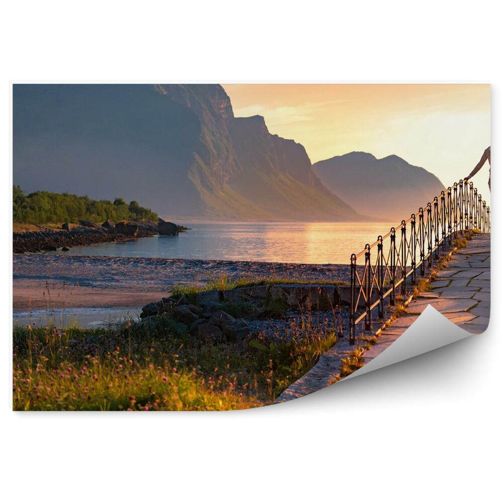 Papier peint Coucher de soleil norvège femme pont montagnes