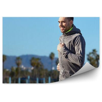 Papier peint Course à pied palmiers montagne plage ciel