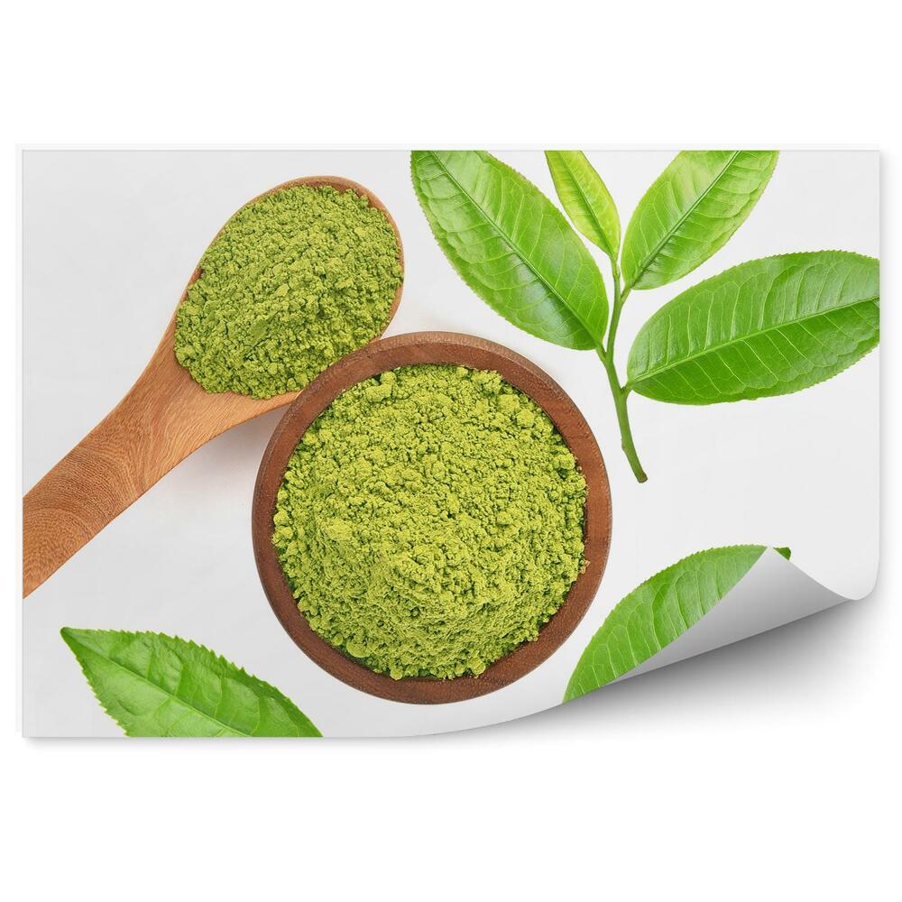 Papier peint panoramique Feuilles de thé cuillère en poudre fond blanc