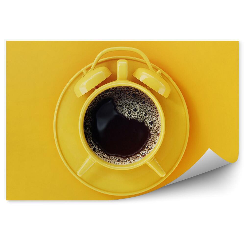 Papier peint panoramique Réveil tasse café noir fond jaune