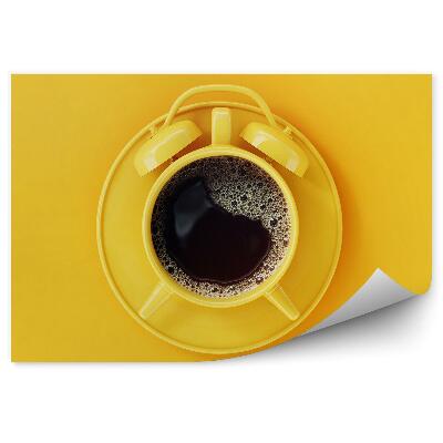 Papier peint panoramique Réveil tasse café noir fond jaune