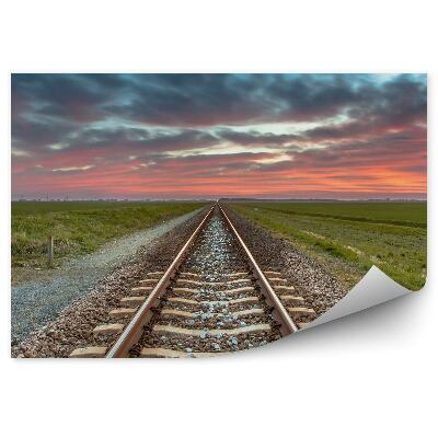 Papier peint Panorama voies ferrées nature coucher de soleil