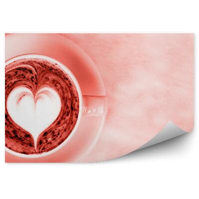 Tapisserie panoramique Tasse rose café chaud fond rose coeur blanc