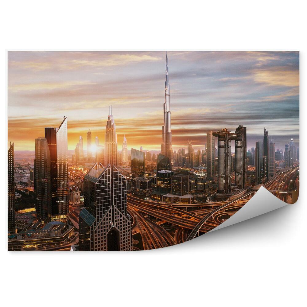 Papier peint Dubaï Gratte-Ciel Bâtiments Autoroute Coucher De Soleil Nuages