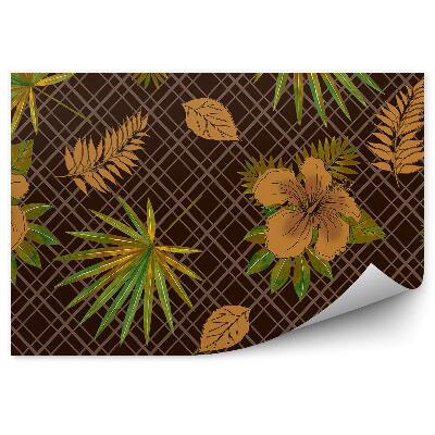 Papier peint Feuilles d'hibiscus marron fond damier marron