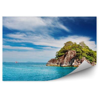 Papier peint rochers île bateau eau bleue horizon montagnes