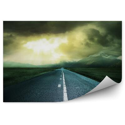 Papier peint Route Herbe Montagnes Neige Hiver Coucher De Soleil