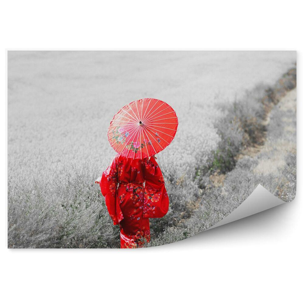 Papier peint Femme en kimono avec parapluie chemin champ