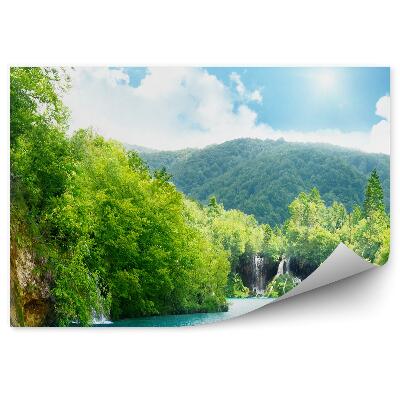 Papier peint Colline Forêt Cascade Eau Bleue