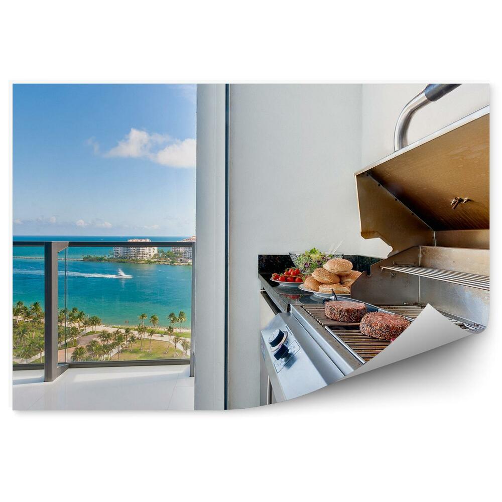 Papier peint Terrasse Grillades Vue Palmiers Océan Gratte-Ciel Avenue