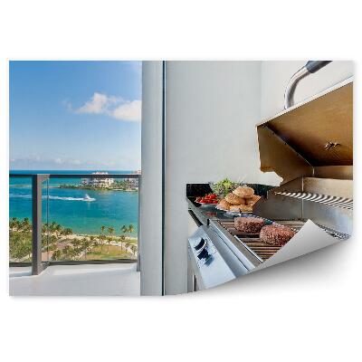 Papier peint Terrasse Grillades Vue Palmiers Océan Gratte-Ciel Avenue