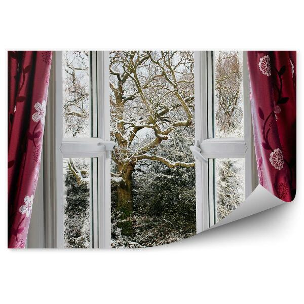 Papier peint Rideau d'une fenêtre ouverte et arbres enneigés
