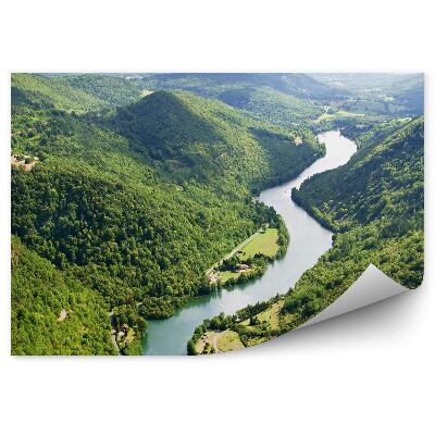Papier peint Rivière Verte Montagnes Arbres Route Maisons Ciel