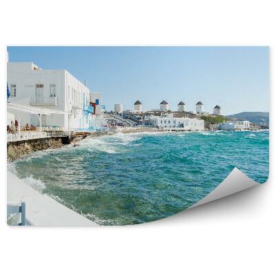 Papier peint Moulins à vent Grèce vagues ville bâtiments blancs