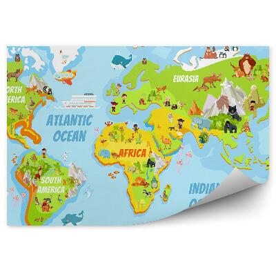 Papier peint panoramique Carte du monde continents symboles noms