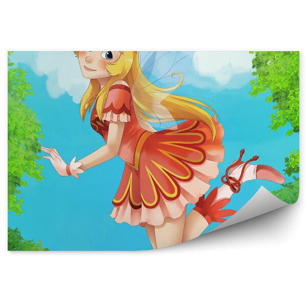 Tapisserie murale Fée elfe fleurs arbres ciel nuages illustration