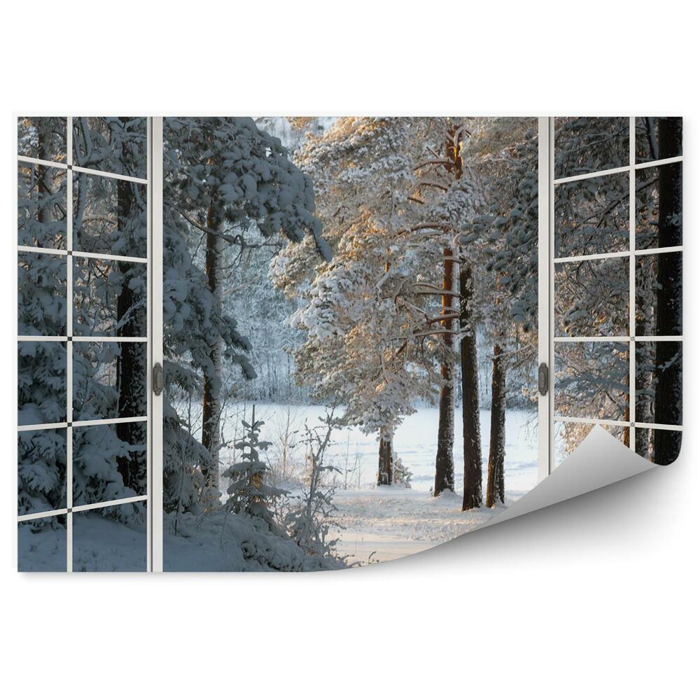 Papier peint Forêt enneigée en hiver par la fenêtre