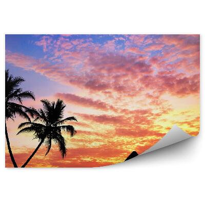 Papier peint Pyramides égyptiennes palmiers coucher de soleil