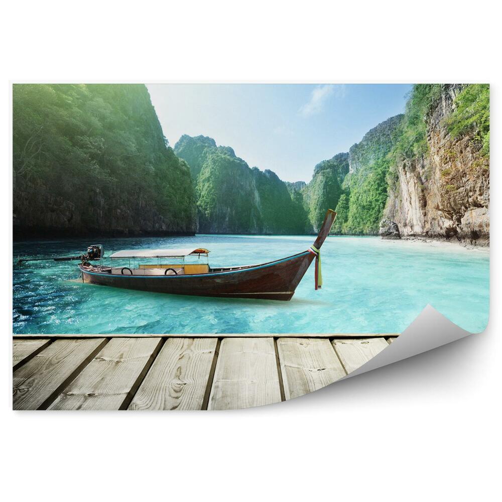 Papier peint Thaïlande rochers quai bateau eau bleue