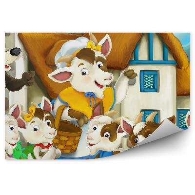 Papier peint panoramique Chèvres loup maison de conte de fées pour enfants