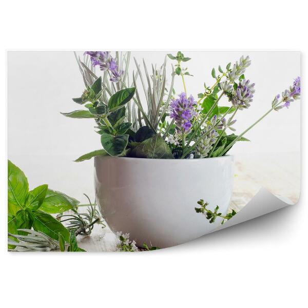 Tapisserie murale Herbes fraîches feuilles fleurs bol bois