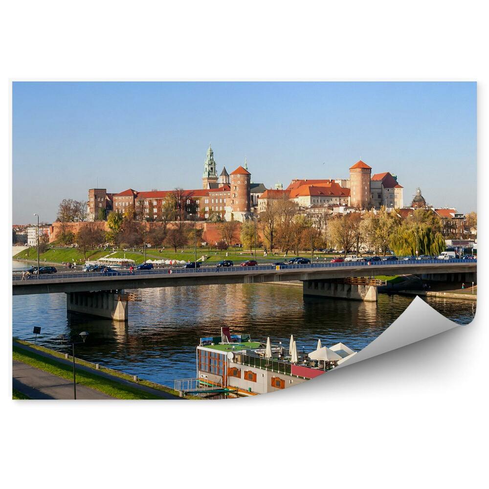 Papier peint Cracovie Panorama Pont Voitures Bateau Cathédrale Wawel Rivière Vistule Arbres