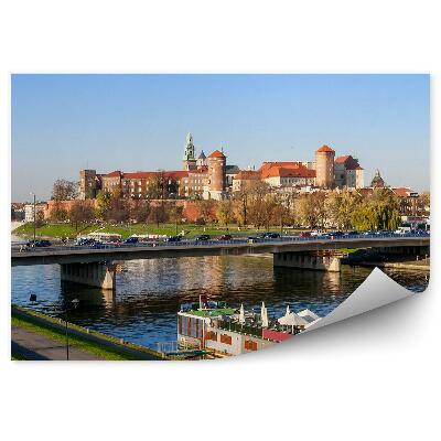 Papier peint Cracovie Panorama Pont Voitures Bateau Cathédrale Wawel Rivière Vistule Arbres