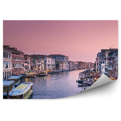 Papier peint Architecture crépusculaire gondoles bateaux ciel rose