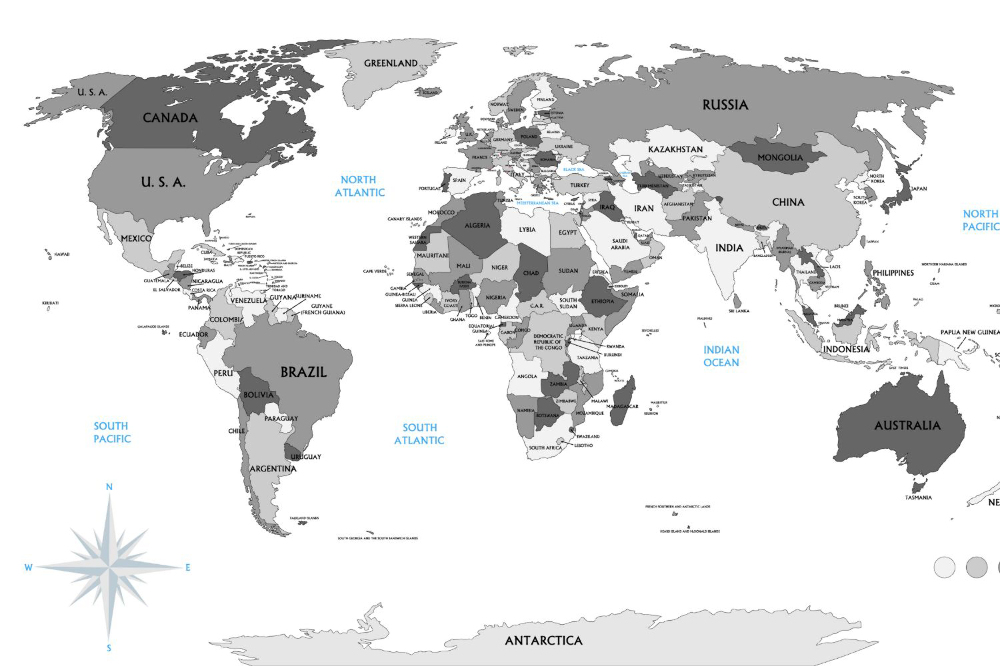 Papier peint Carte du monde politique en noir et blanc