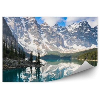 Papier peint Canada Montagnes Neige Hiver Arbres Conifères Rochers Montagne Lac Ciel Nuages