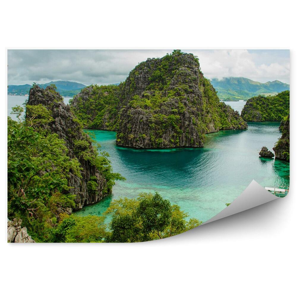 Papier peint Bateaux maisons plantes eau montagnes rochers