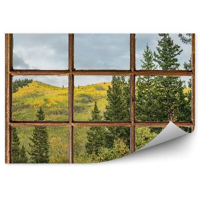 Papier peint Arbre de Noël montagnes végétation verte derrière la fenêtre