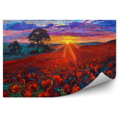 Papier peint Champ de fleurs de pavot arbre coucher de soleil ciel nuages image