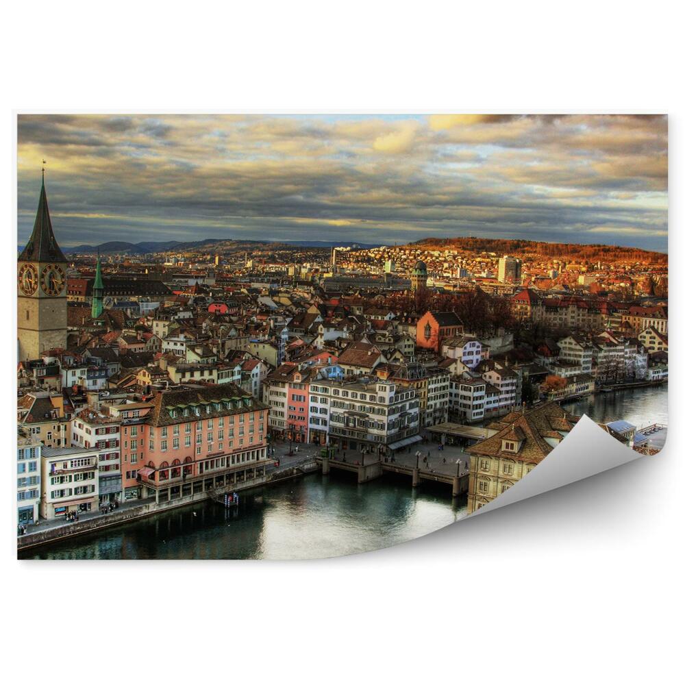 Papier peint Panorama De La Ville De Zürich Bâtiments Église Rivière Ciel Nuages