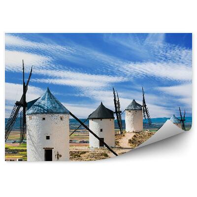 Papier peint Paysage de champs de moulins à vent ciel bleu
