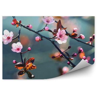 Papier peint Fleurs de cerisier rose feuilles orange fond gris