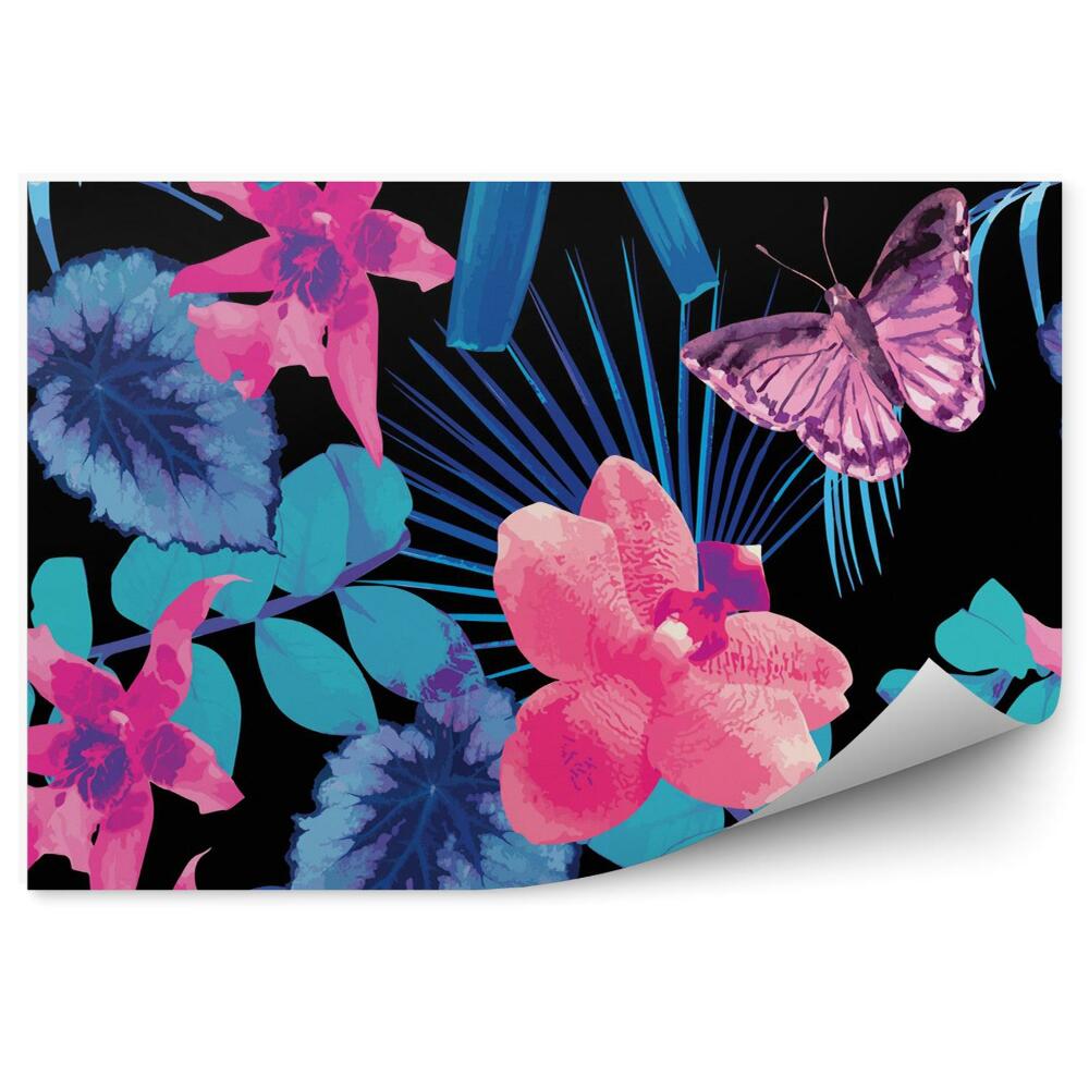 Papier peint Orchidées, papillons et feuilles de palmier